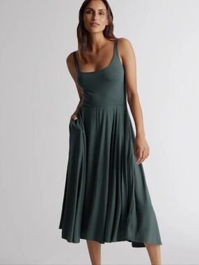 Quince Tencel Jersey Fit Flare Midi Dress S Olive Sleeveless Pockets Stretch NWT
